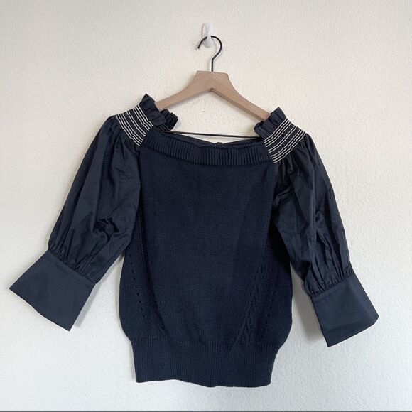 Adeam Womens Off Shoulder Smocking Sweater Navy Blue Cotton Size Extra Small - Picture 10 of 13